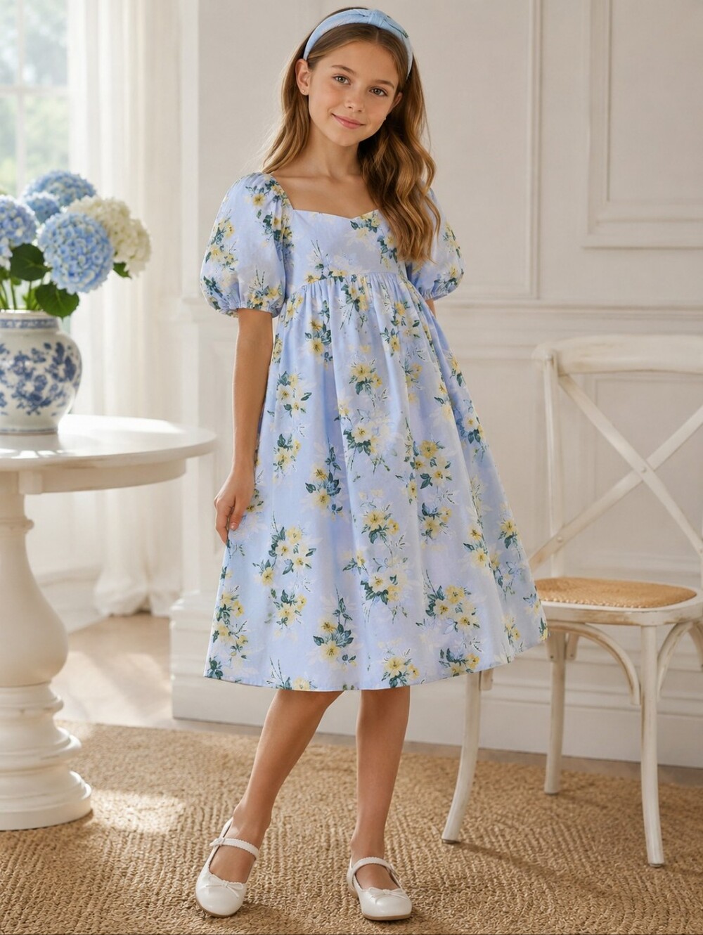 Janie and Jack Girls Floral Puff Sleeve Smocked Cotton Dress Blue Yellow Size 10